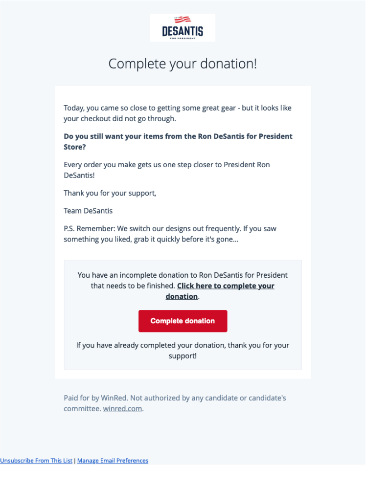 Email message with 'Complete your donation' at the top, asking to continue, red button labeled 'Complete donation.'