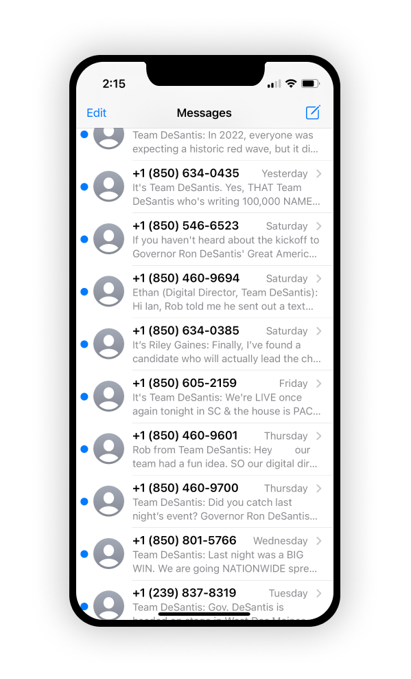 Mobile view showcasing full screen of unread text messages, many sent on the same days