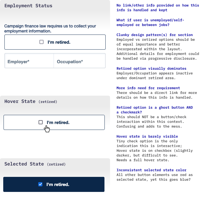Employment section with an I’m retired checkbox at the top, followed by Employer and Occupation fields. At the bottom the hover and selected states for the retired option. To the right details on other issues.