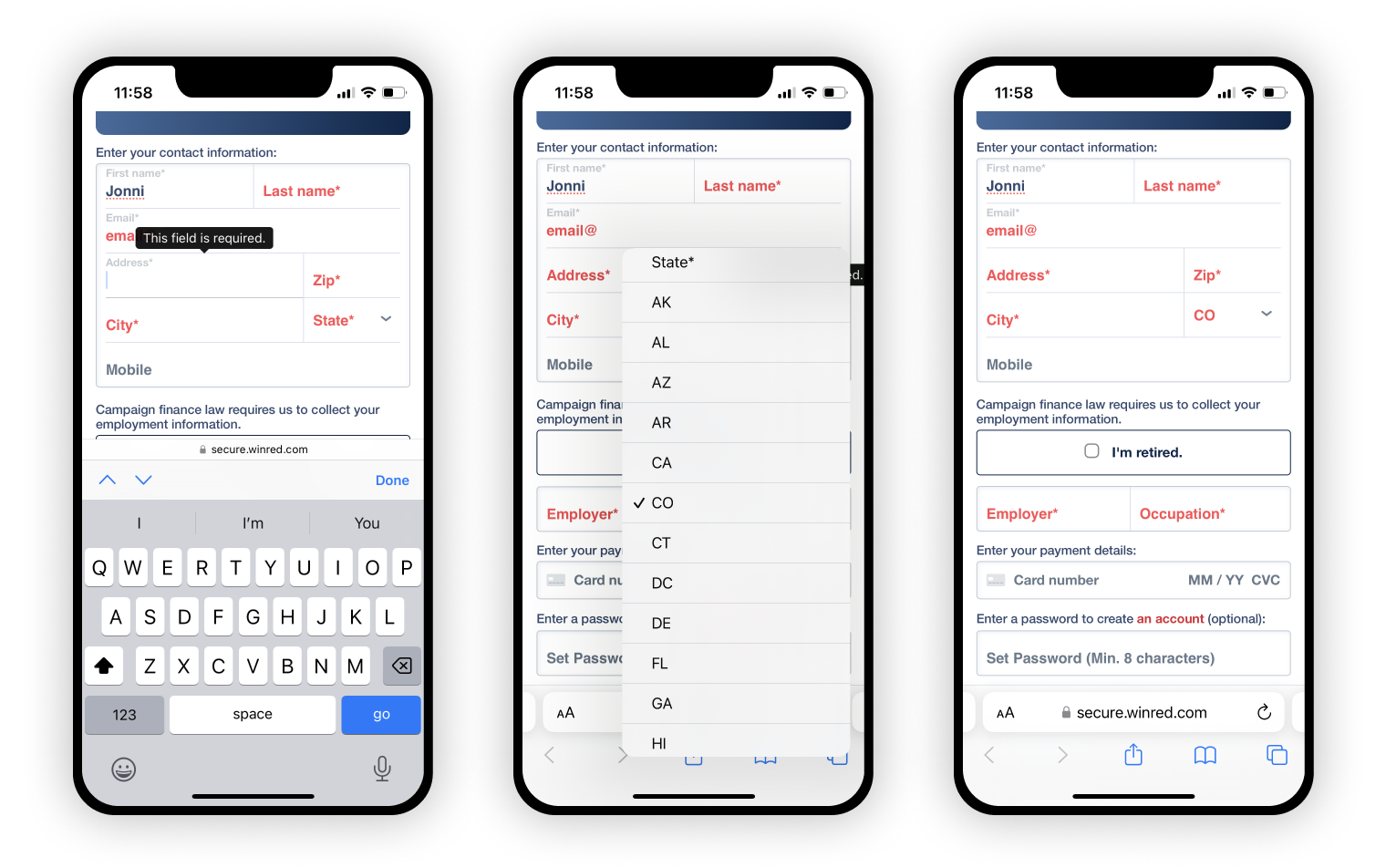 Three mobile screens showcasing UX issues.
