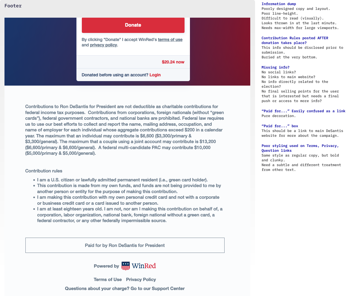 Footer section. Long text about contribution rules. WinRed logo and links to WinRed support center. Includes details on other page issues.