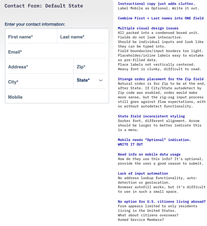 Contact form fields, prior to data entry, with notes on design and interactive issues on the side.