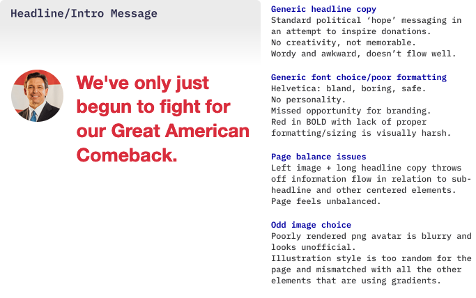 Avatar of DeSantis with copy ‘we’ve only just begun to fight for our Great American Comeback’ To the right are list of section issues.
