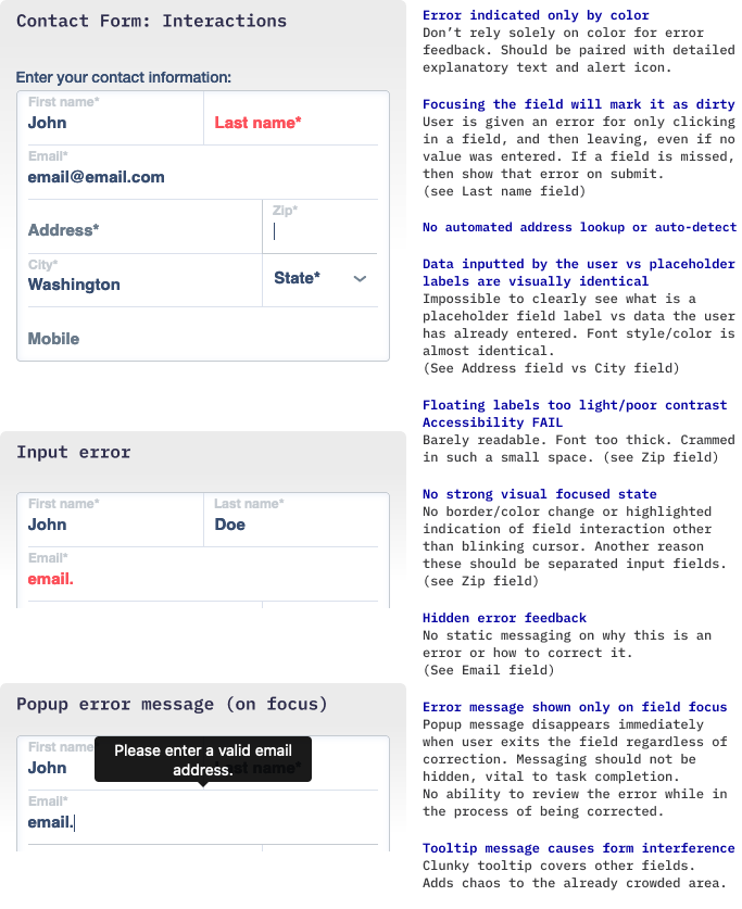 Contact form: Interactions. Showcases various states of interactivity within the contact form data entered, focus state, errors, and error tooltips.
