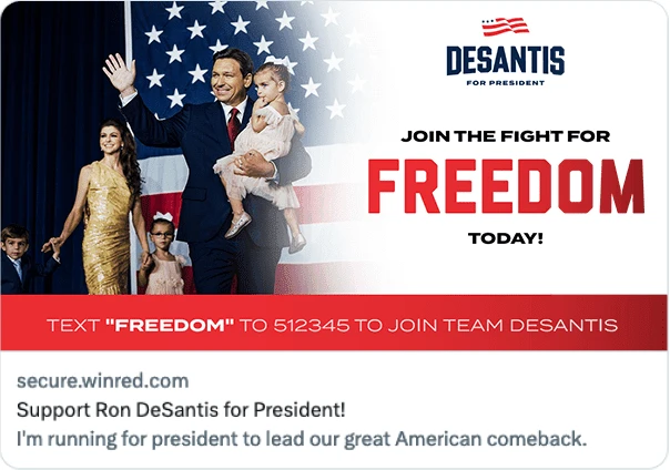 Link posted on Twitter. Picture of DeSantis and family with a call to action “Support Ron DeSantis for President!”