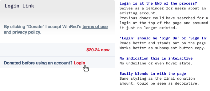 Login Link, bright red. Hand cursor over it shows that there is no hover state. List of other issues on the side.