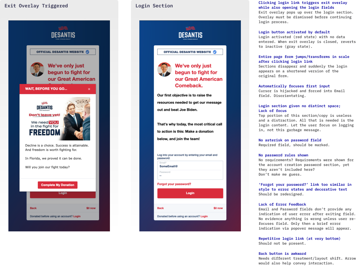 First image: Exit overlay triggered. Second image: Login section after exit overlay has been closed. Includes details on other issues.