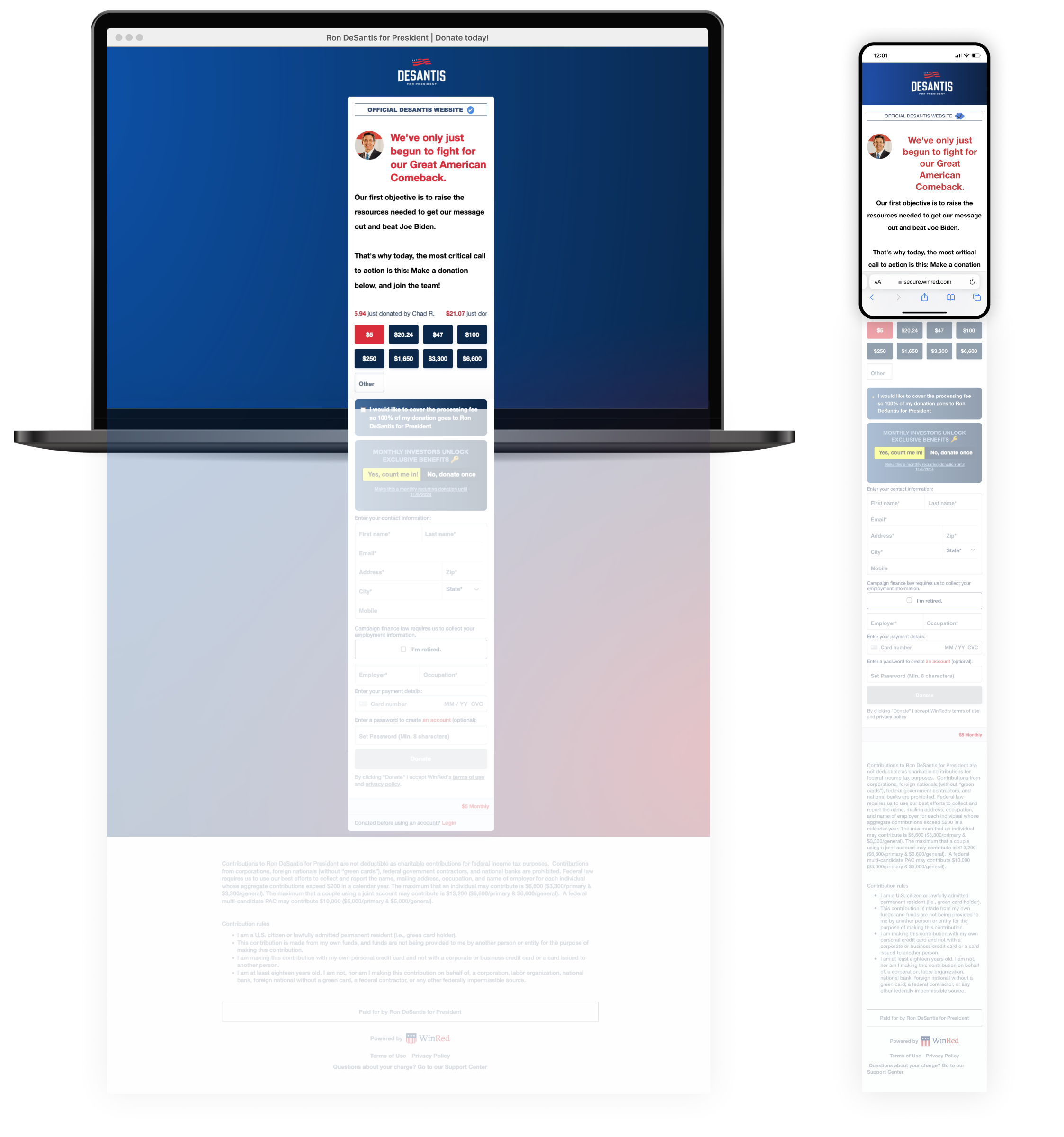 Browser window and mobile view showing how long the donation form. The majority of the interactive content spans multiple viewing heights.