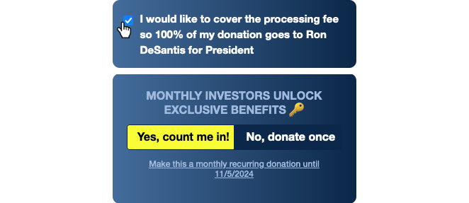 Processing fee module option selected and monthly recurring donation module selected — by default