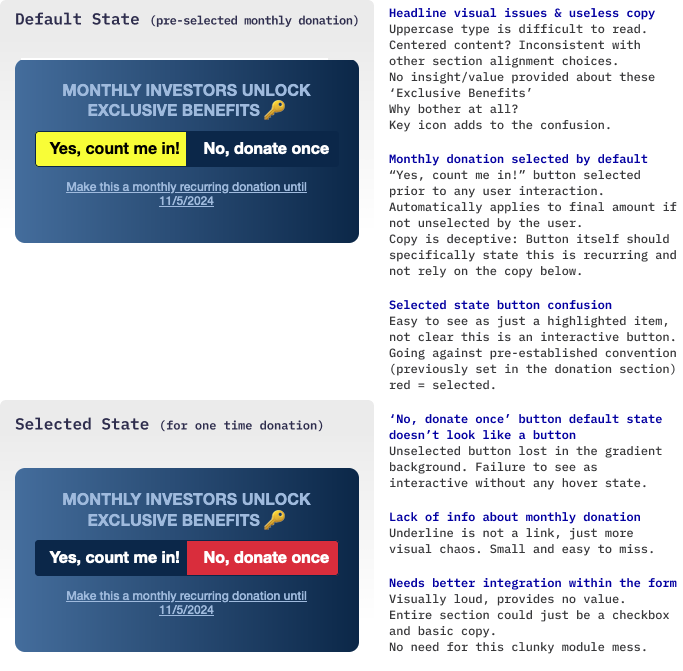 Pre-selected monthly and user selected ‘once only’ donation states for the monthly donation option. Includes notes on design and interactive issues on the side.