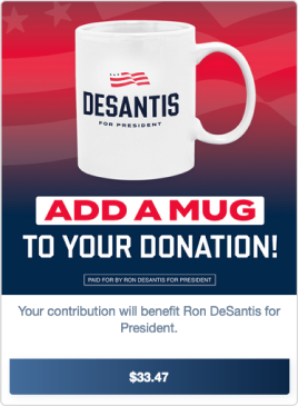 Module found on the final merch page. A white mug with the DeSantis logo on it.
