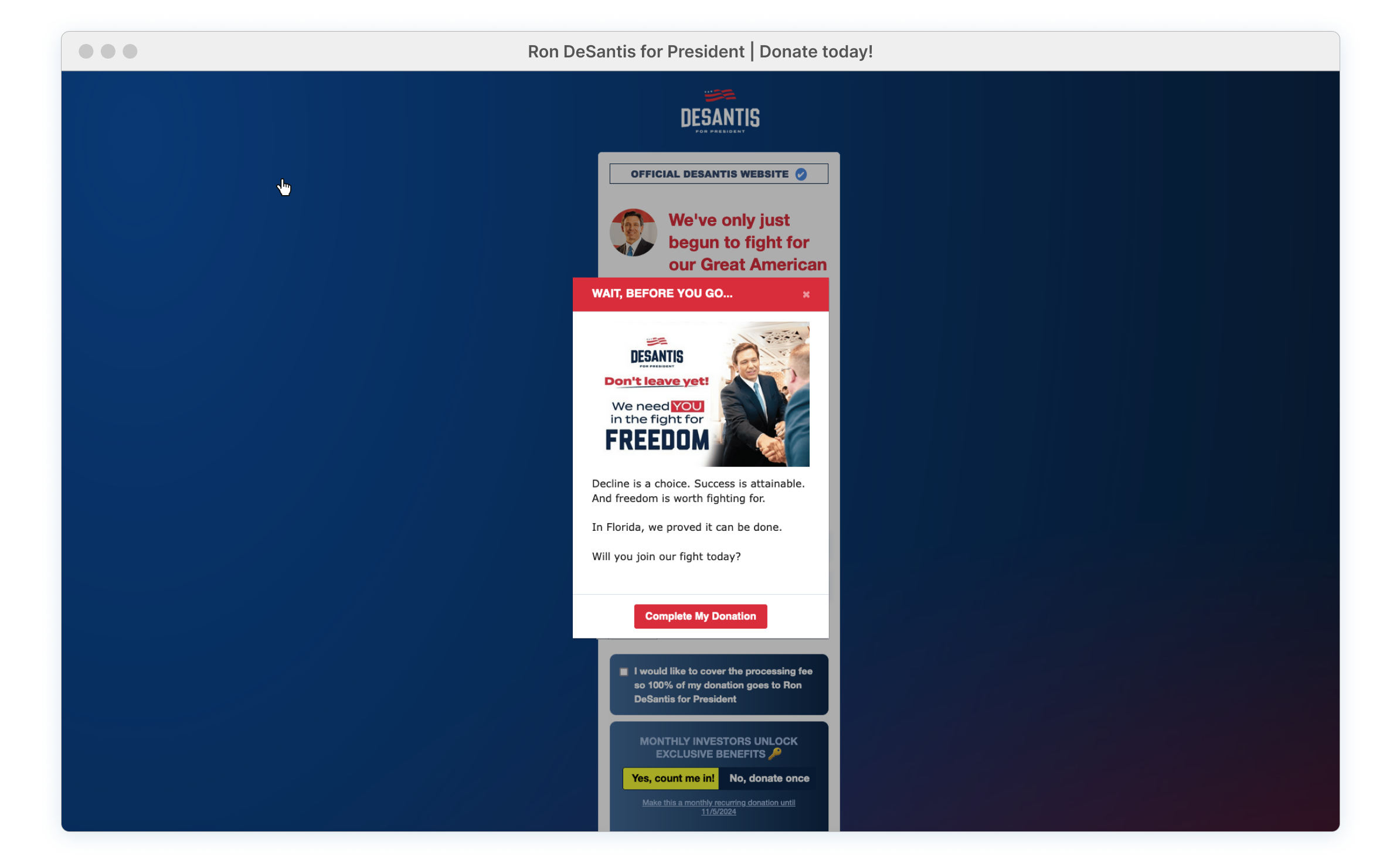 Exit-intent modal centered in the browser window.