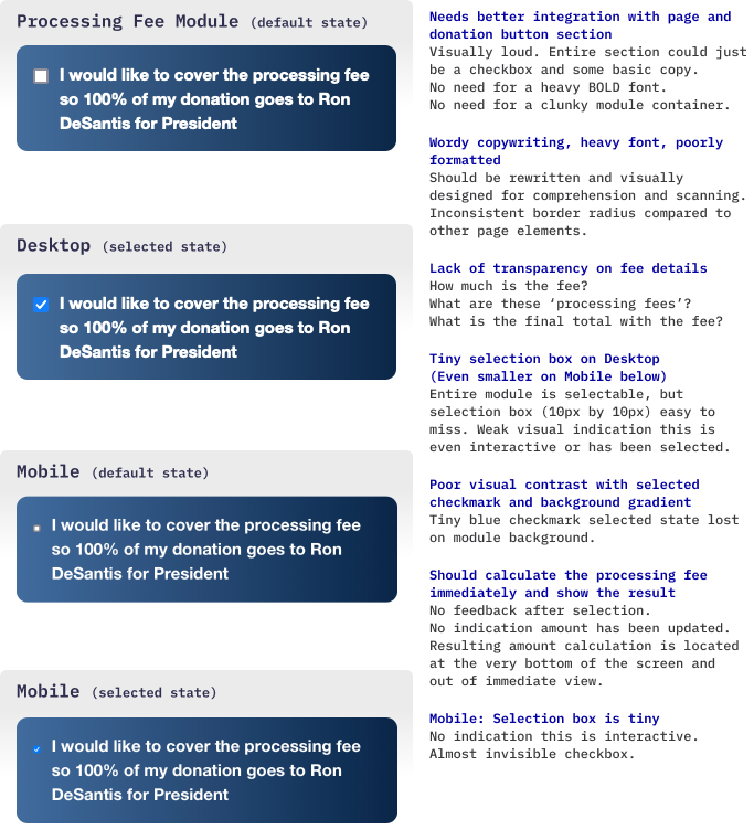 Default and selected states for the processing fee module on Desktop and mobile. Includes notes on design and interactive issues on the right side.