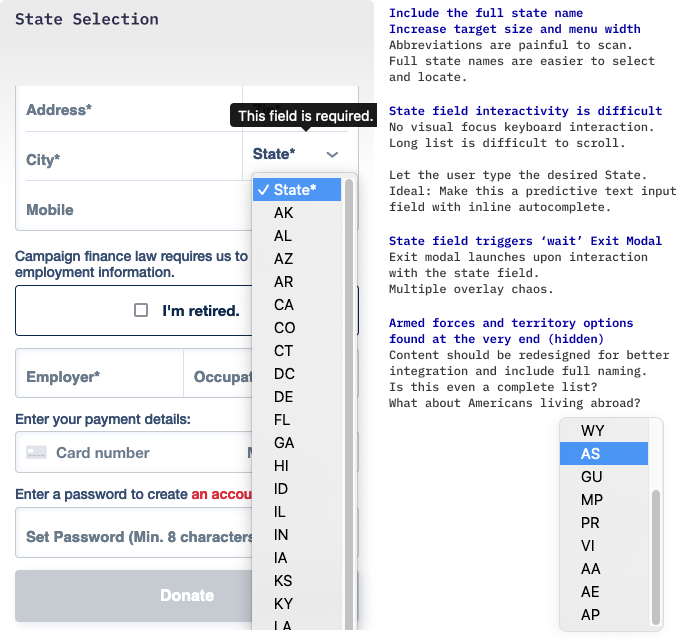 Opened menu (in the form) showing long list of two-letter state abbreviations.