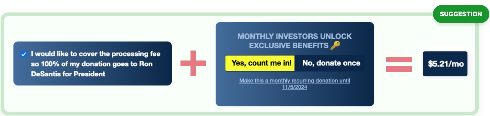 Mock up of donation button updated with the processing fee amount added to the monthly option. Instead of $5, the button now reads $5.21/mo.