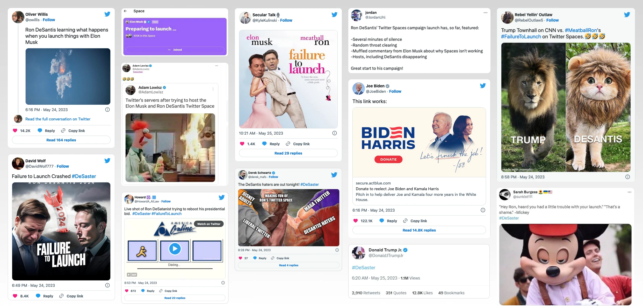 Funny collection of tweets and commentary on the failure to launch the DeSantis campaign.