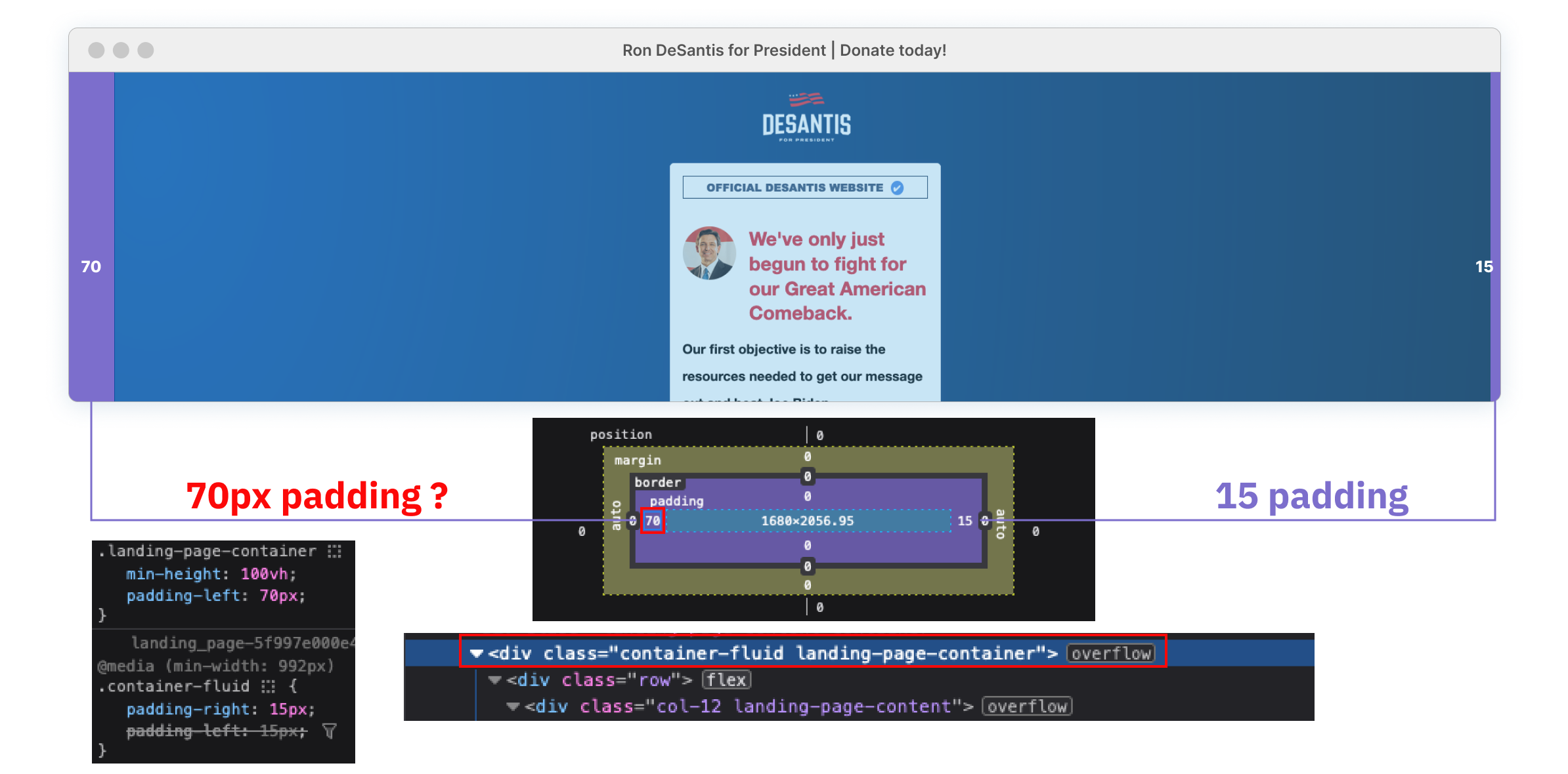 Showing the padding code values via dev tools screenshot. On the left side there is 70px of padding for the central container, on the right the standard 15px. The default value is being overwritten by an added style by the 70px.