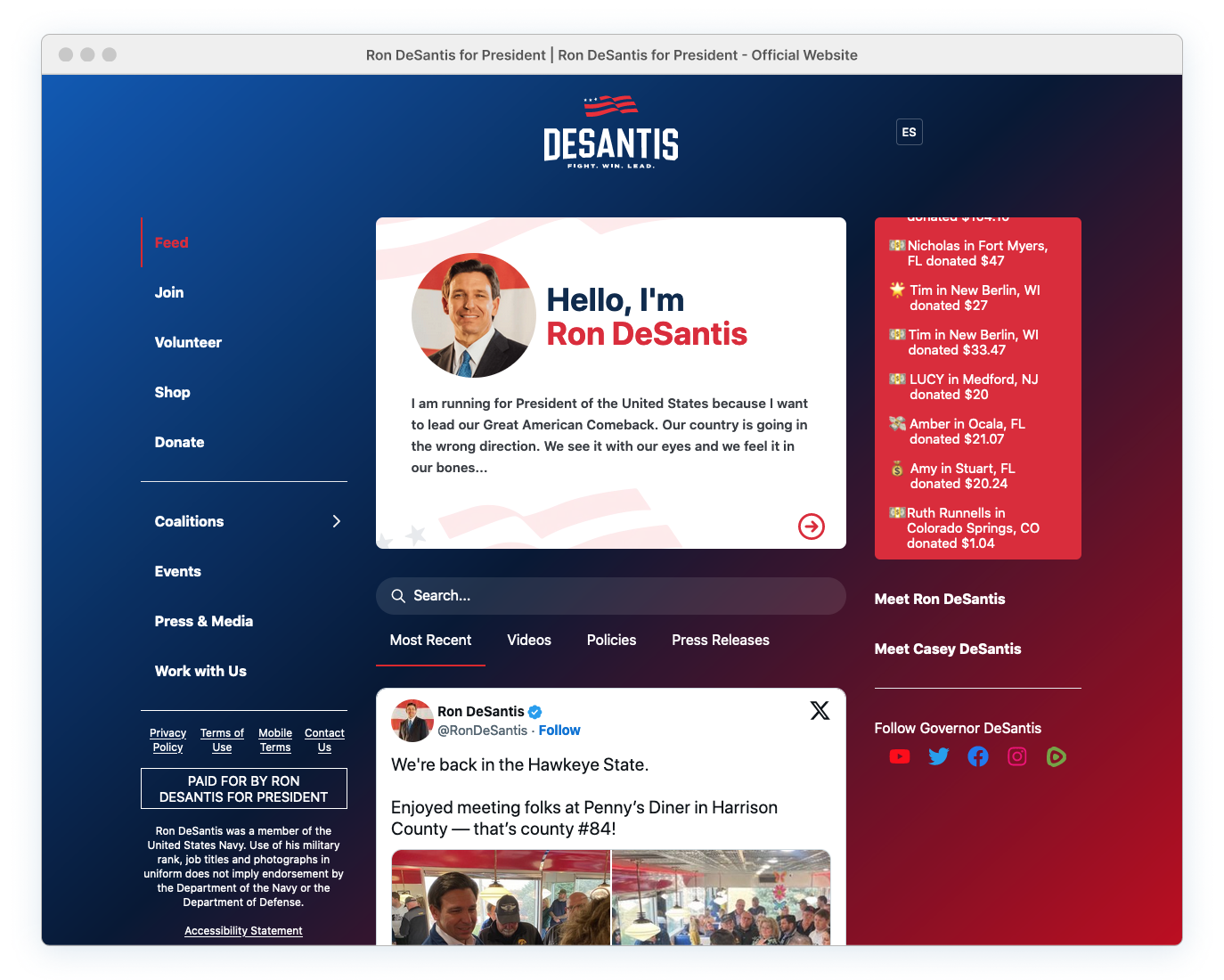 The Ron DeSantis main site. Navigation on the left including join, volunteer options, Shop and donate along with events and press. Donor scroll on the right, recent Twitter feed in the middle.
