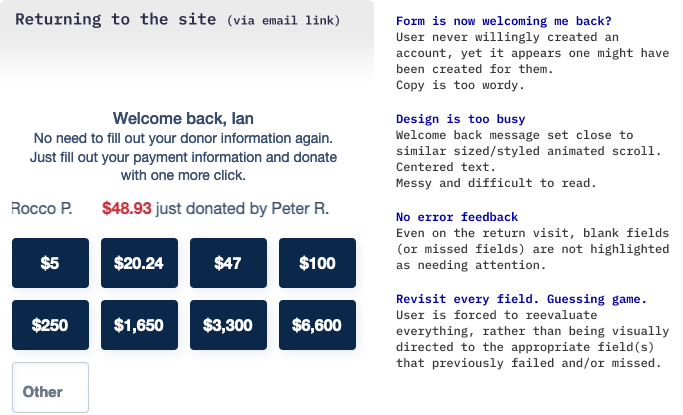 Welcome back message positioned above the donation scroll and the unselected donation amounts. To the right a list of other issues.