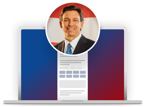Illustration of computer laptop with avatar image of Ron DeSantis