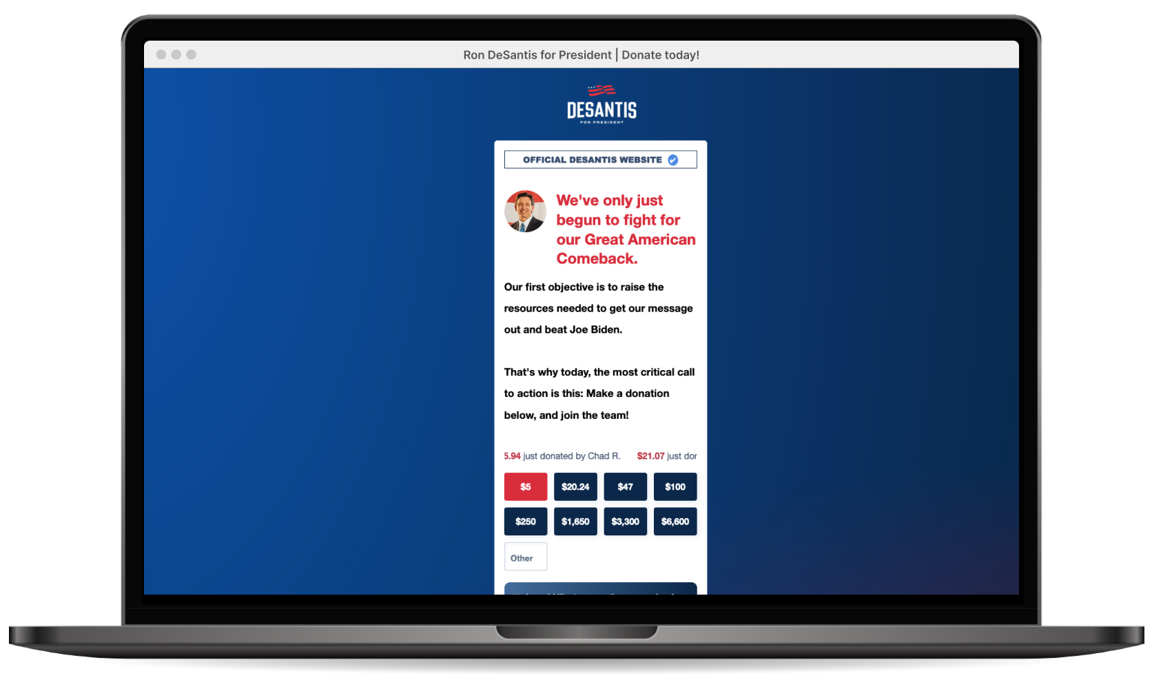 Laptop showing the top portion of the DeSantis Donation site. Just a long strip of text on an off-centered white module and clunky donation buttons.