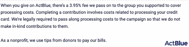 ActBlue statement about the 3.95% fee that is passed on to the group to cover processing costs.