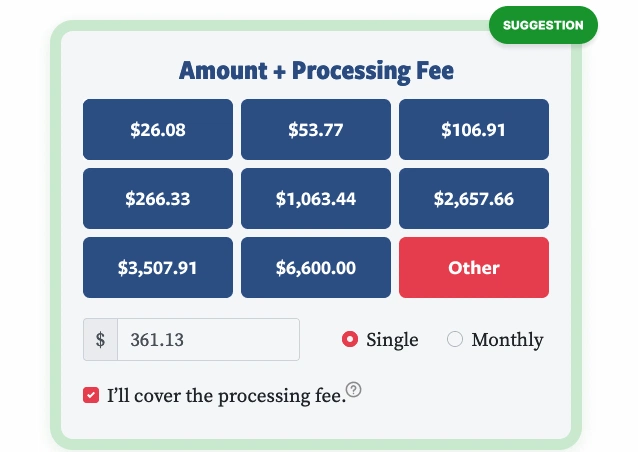 Amount + Processing Fee shown directly on the button amounts.