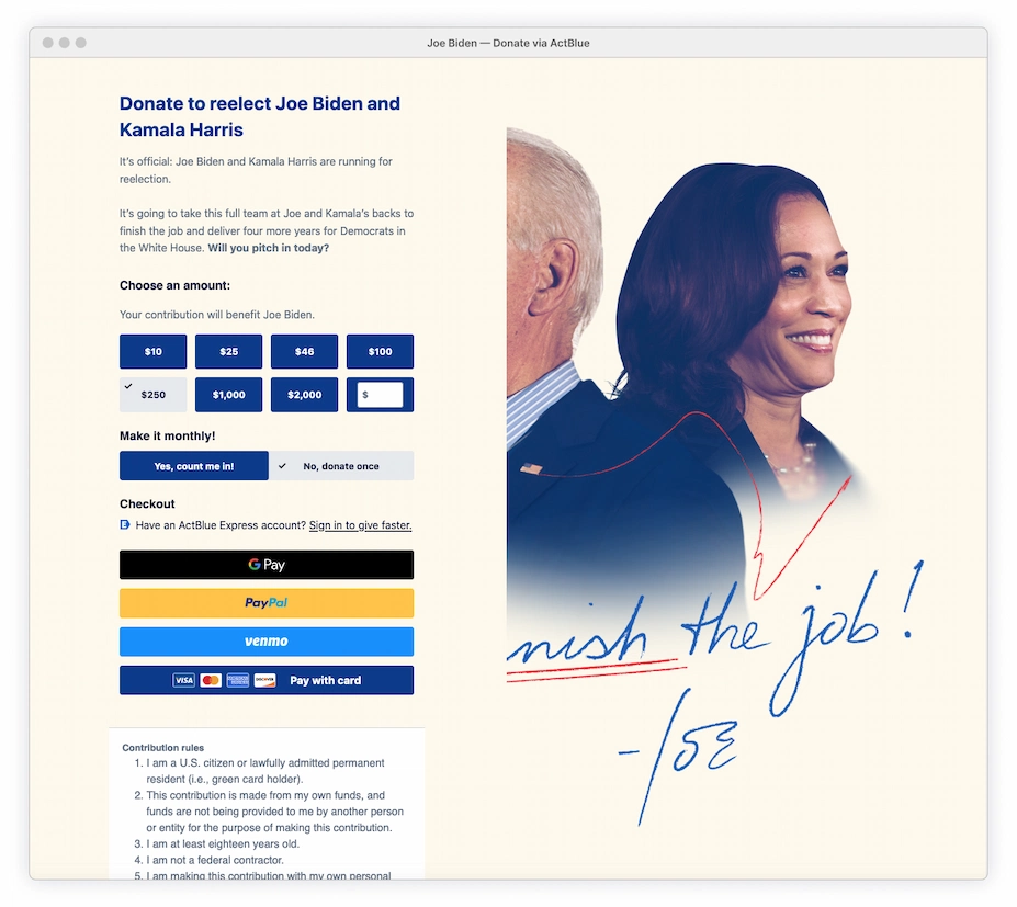 Biden ActBlue form page with Biden's face covered by the form while Harris takes center attention.
