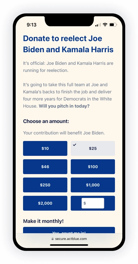 Form on mobile with copy, 'Donate to reelect Joe Biden and Kamala Harris'