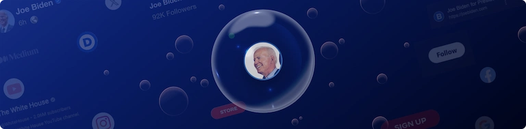 Graphic of a large bubble with an smaller image of Biden floating inside of it.