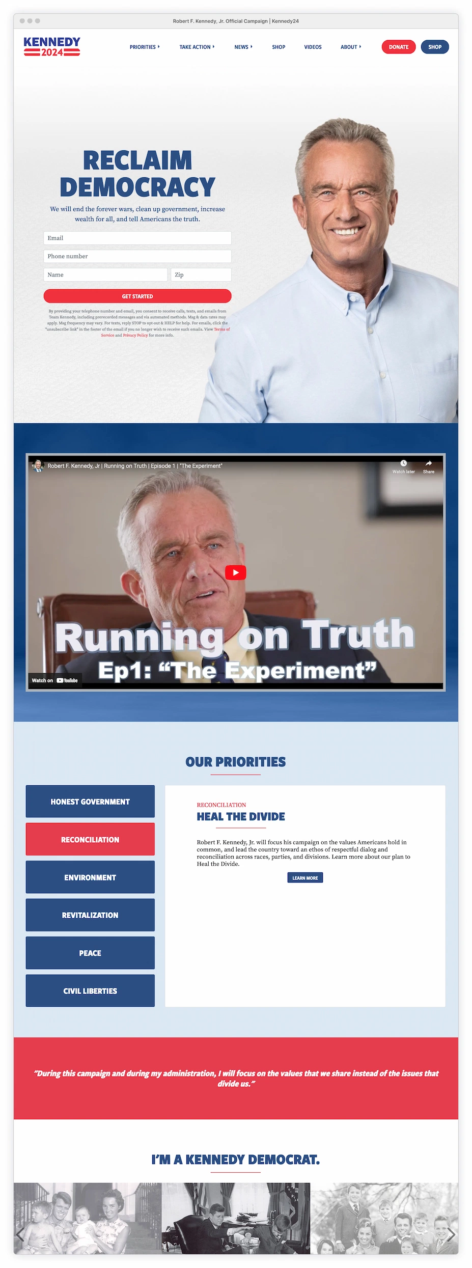 Kennedy Homepage with headshot and additional information.