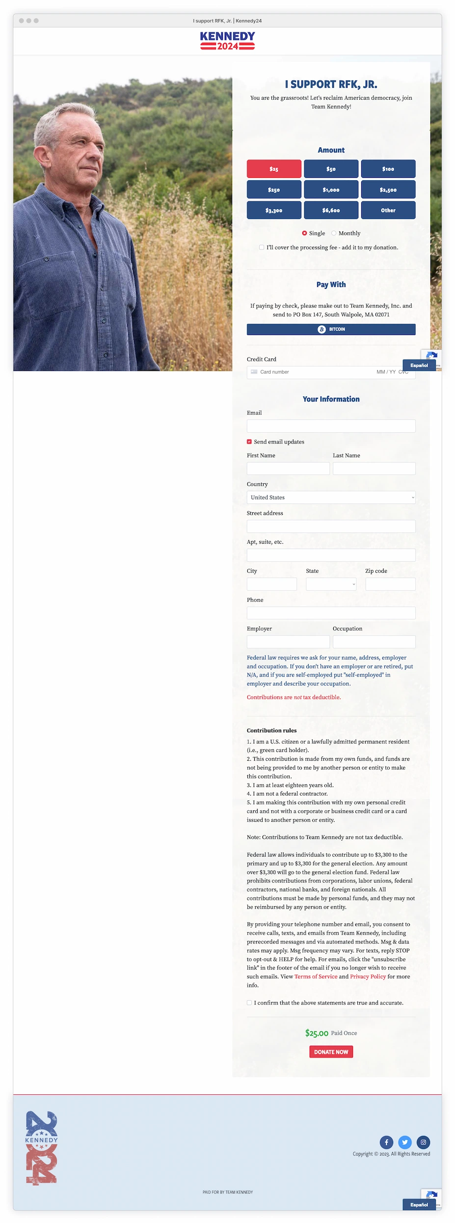 Kennedy donation page with form