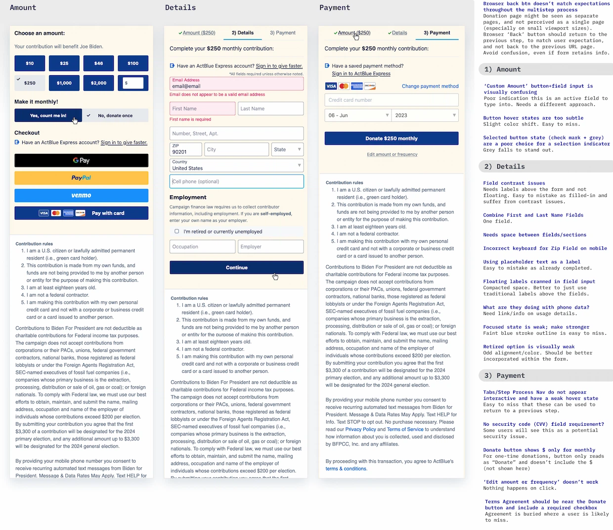 ActBlue donation process using a credit card. Amount, Details and Payment screens and form fields. Notes located on the right highlight issues.