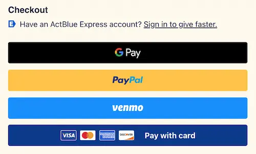 Payment options, 4 different button colors, each with a different payment method, stacked on top of each other.