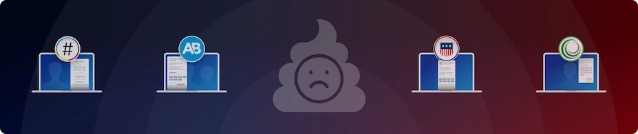 Graphic of unhappy face with poop in background with four laptops displaying the four donation platforms discussed.