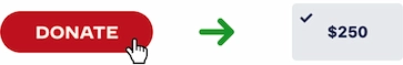 Donation button from main site with arrow pointing to a selected $250.00 button from the donation page.