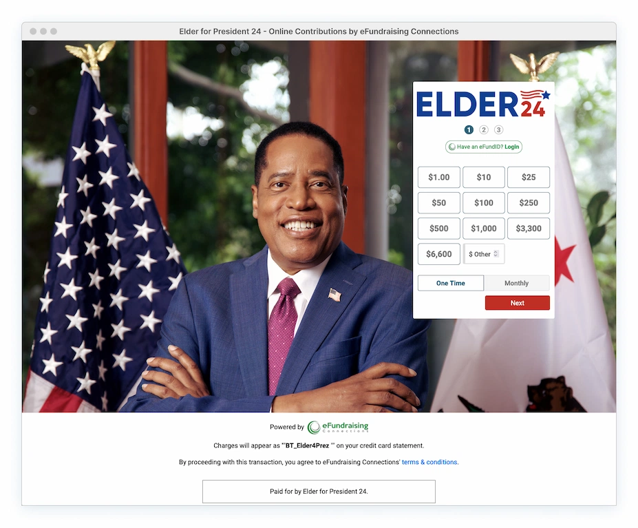 Larry Elder donation page and flow, part 1: select amount