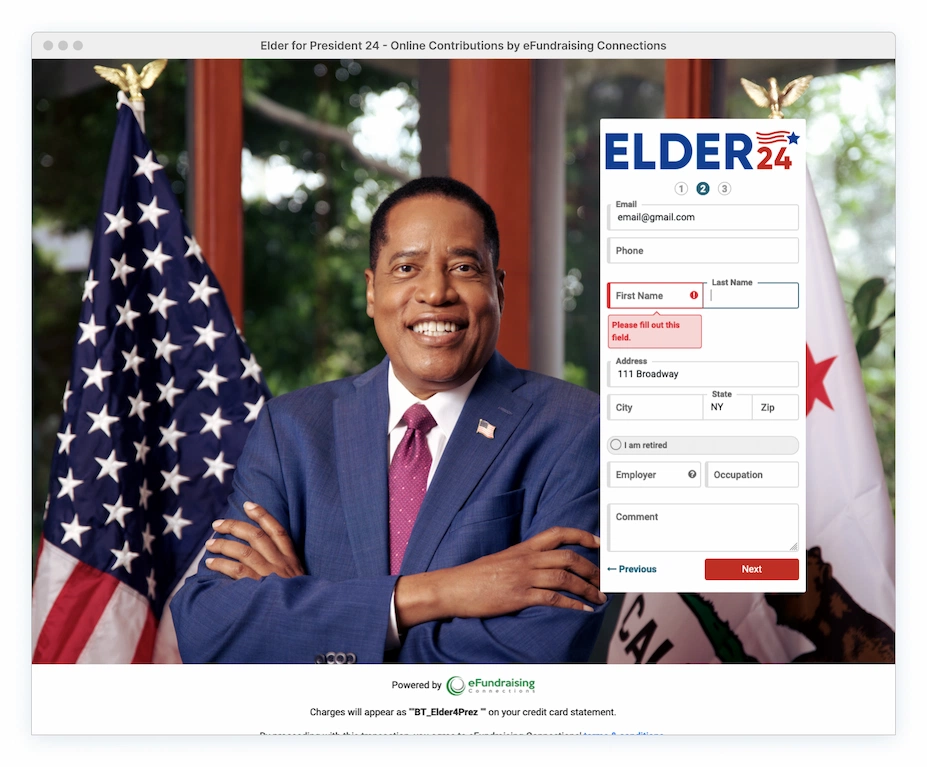 Larry Elder donation page and flow, part 2: Details, email, phone, name, address, employment and comment fields.