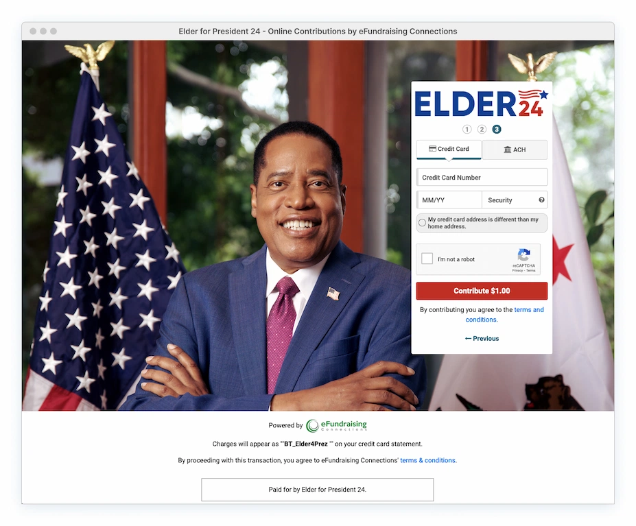 Larry Elder donation page and flow, part 3: payment details, credit card, ACH, reCaptcha, and finalized amount featured in a big red button.