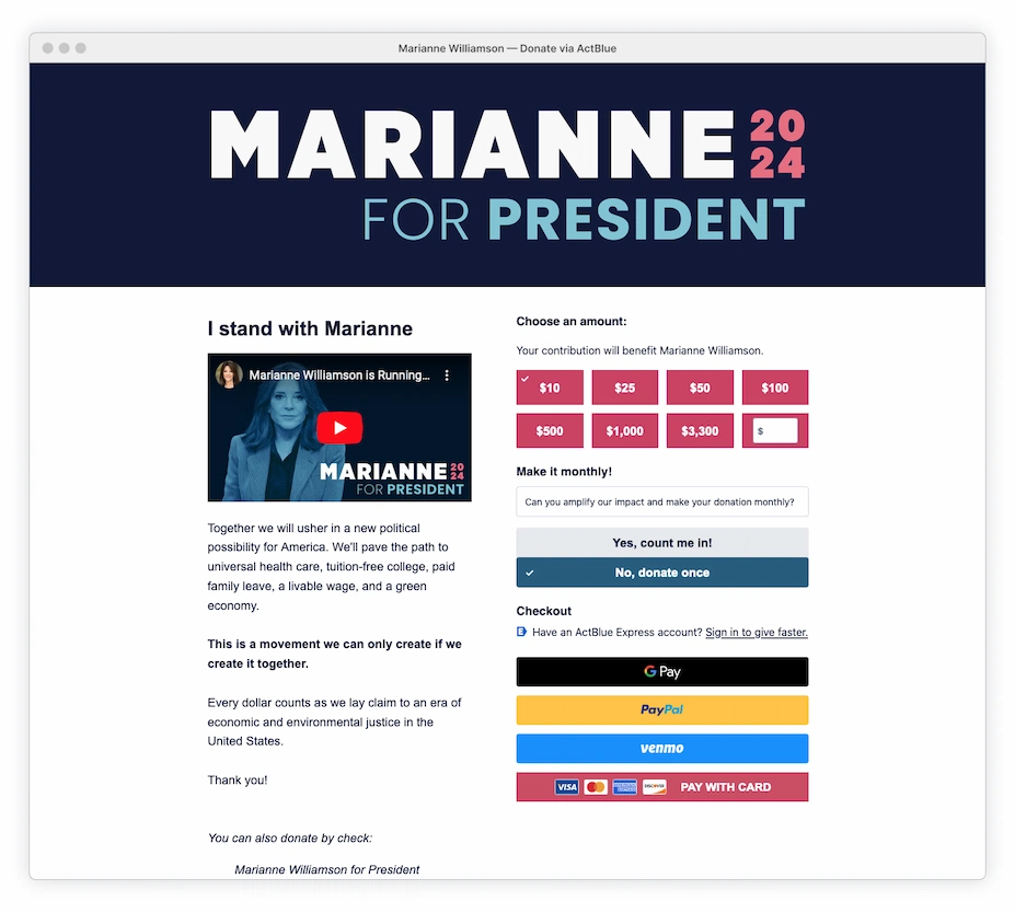 Marianne ActBlue Donation page