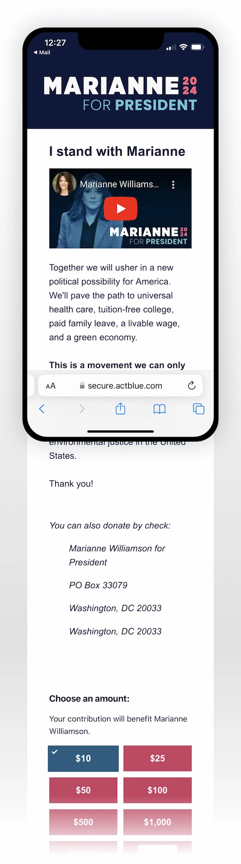 Mobile Marianne ActBlue donation page