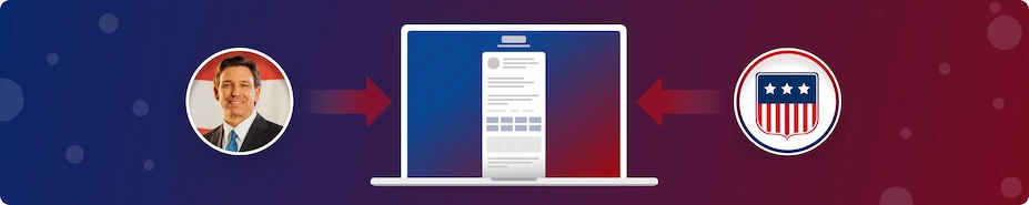 Right side DeSantis image with arrow pointing to computer graphic in the middle that displays a form design page. On the left side, the WinRed logo also with an arrow pointing to the computer graphic.