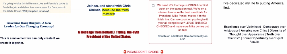 Various campaign headline slogans, messaging and alert copy.