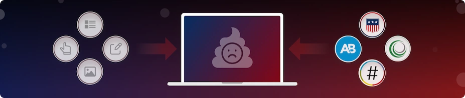 Computer graphic in the center displaying a poop emoji. To the left are image, copy, writing and hand icons. To the right are the four platform logos.