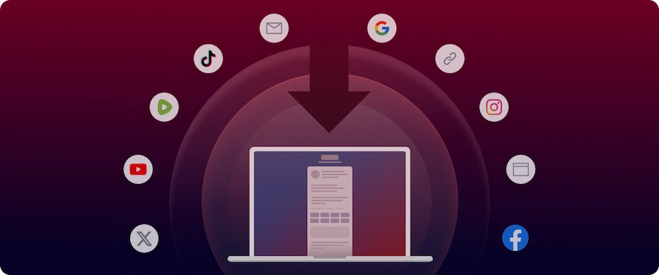 Graphic of a computer in a bubble with arrow pointing inward surrounded by social media and other external link icons.