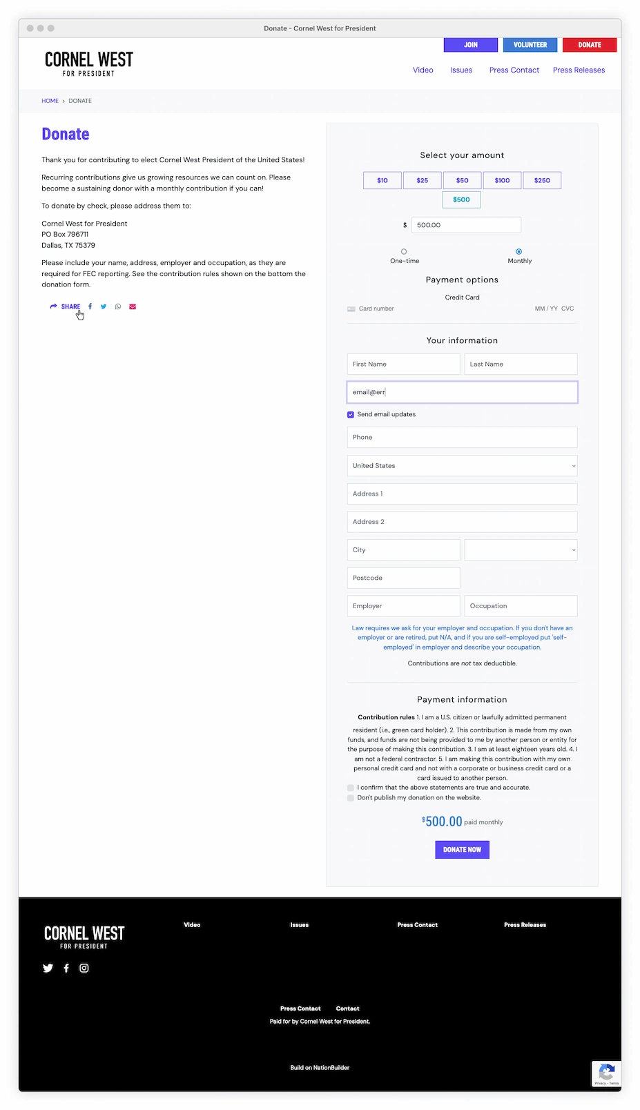 West donation form page