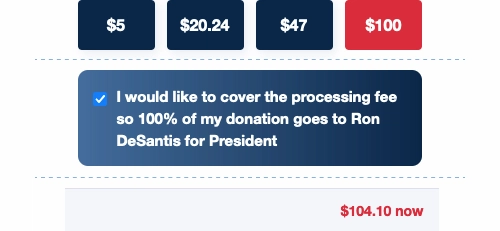 Different sections of the WinRed interface. Top: donation buttons with $100 selected. Middle: checkbox selected for covering the processing fee. Bottom: final amount shown at “$104.10 now”