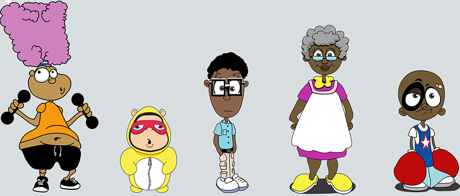 Five characters standing in a row