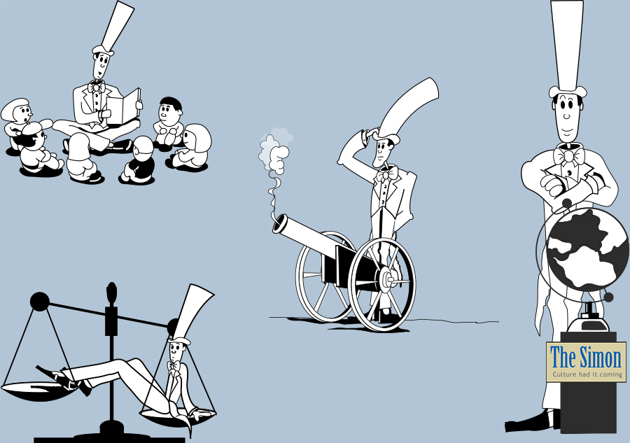 Simon reading to kids, Simon firing a canon, Simon on a scale, Simon standing behind globe