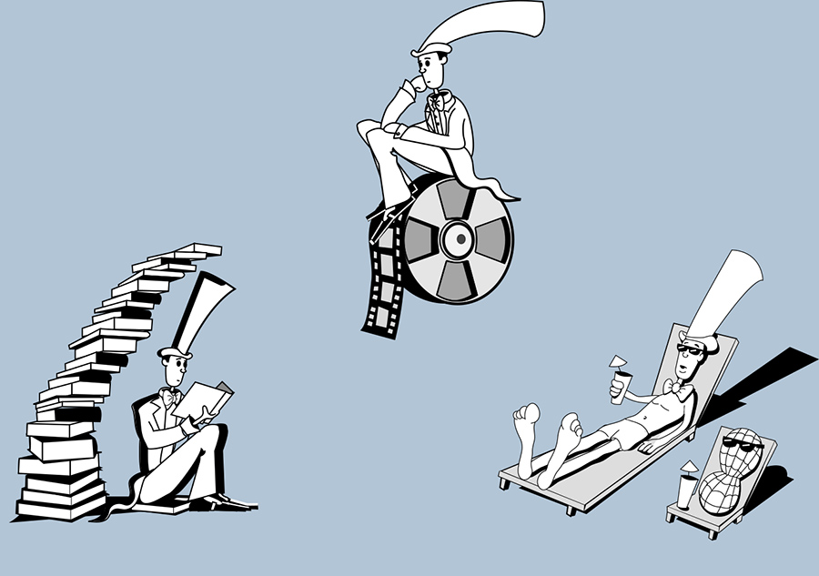 Simon reading from stack of books, Simon on a film reel, Simon and a Peanut tanning on lawnchairs